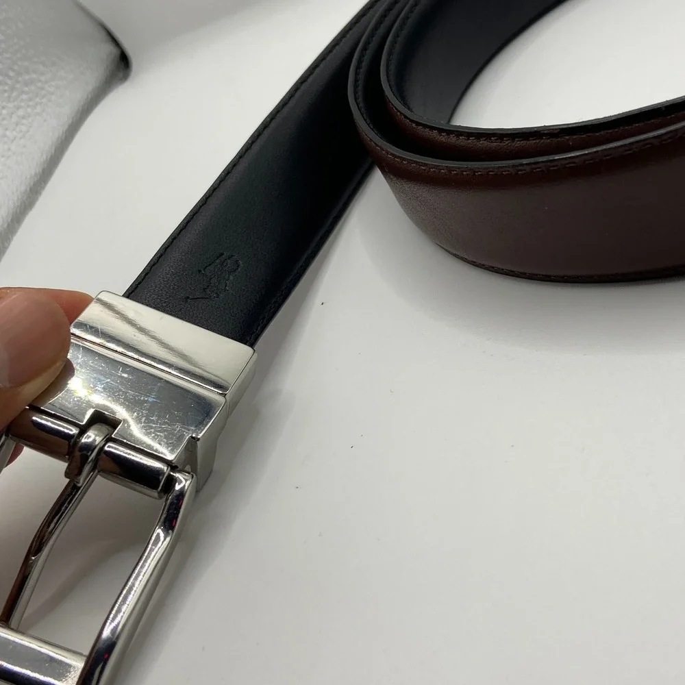 Polo Ralph Lauren Men Leather Silver Tone Metal Reversible Pin Buckle Dress Belt